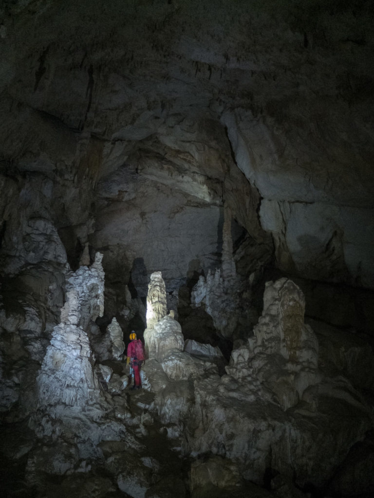 Un exemple de stalactites et de stalagmites qui viennent progressivement combler une galerie (Grotte Favot, Vercors). Photo de Jeremy Boucheteil, publiée avec son aimable autorisation.